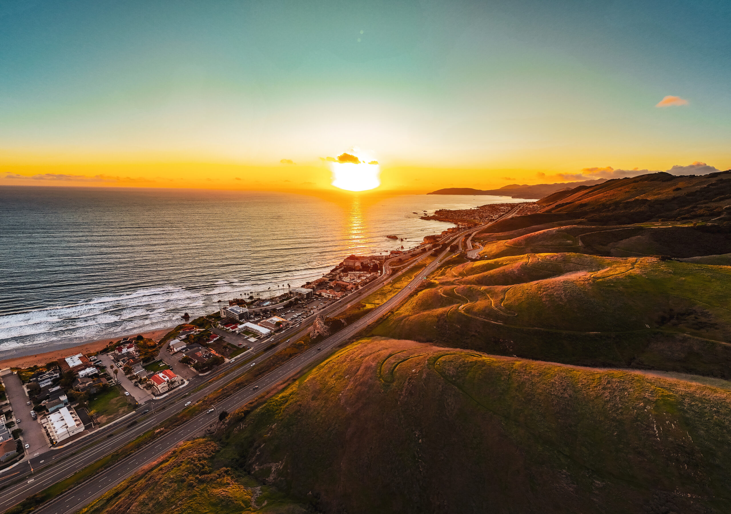 Aerial of Pacific Ocean and Pismo Preserve, Highway 1, Highway 101